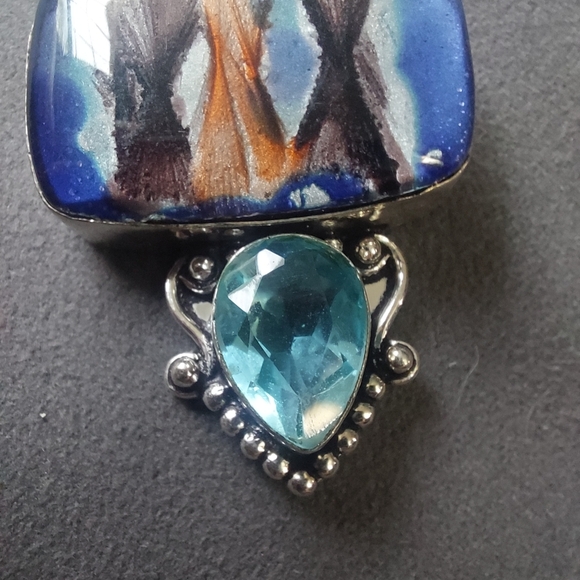 Three Stone Blue Aqua Rhinestone Western Multi Color Silver Toned Pendant - Picture 8 of 17